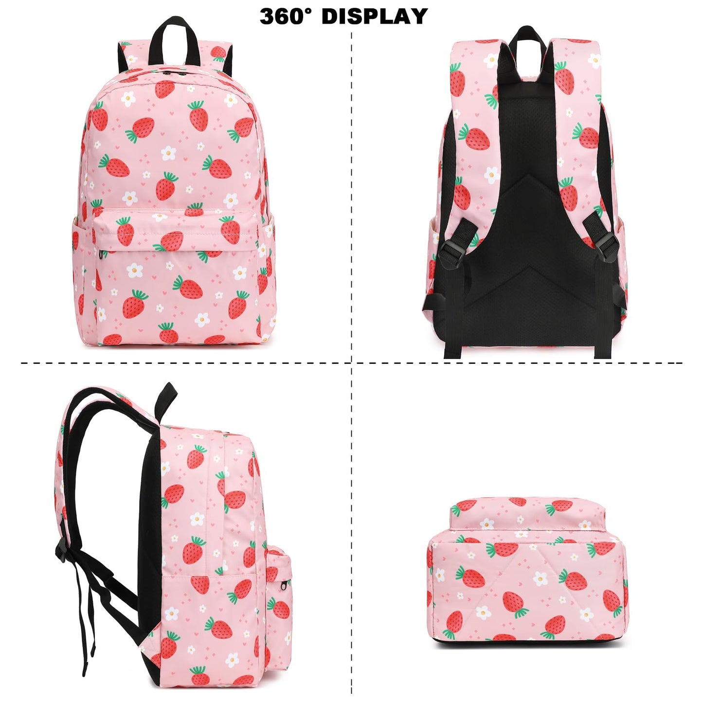 Xunteny Strawberry Girls School Backpack for Kids Teens, Elementary Middle School Backpacks Bookbag Set with Lunch Bag Pencil Case