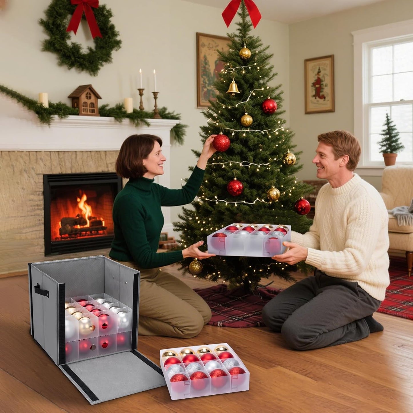 BALEINE Christmas Ornament Storage Box - Premium Container with Dividers for 64 Balls | Red Hard Case