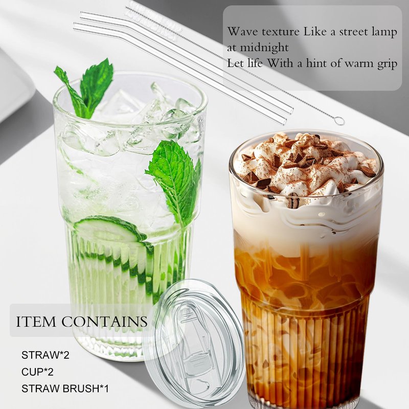 Luiaiog 18.5oz Glass Cups with Lids and Straws - Set of 2 Reusable Tumblers, Thickened Shatter-Resistant Glass, Ideal for Iced Coffee, Smoothies, Cocktails, Juices - Elegant & Durable Drinkware