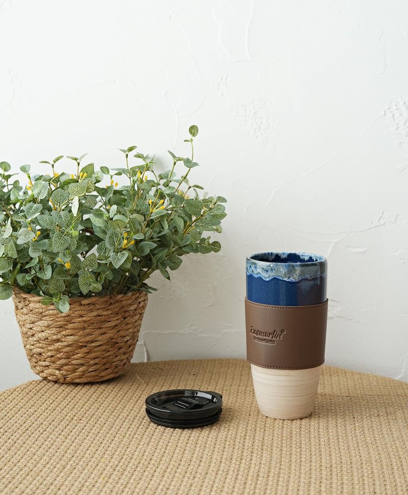 Bosmarlin Ceramic Travel Coffee Cup with Lid, 21 oz, Portable Coffee Mug for Car Cup Holder, Microwave and Dishwasher Safe, Reactive Glaze (Deep Blue)