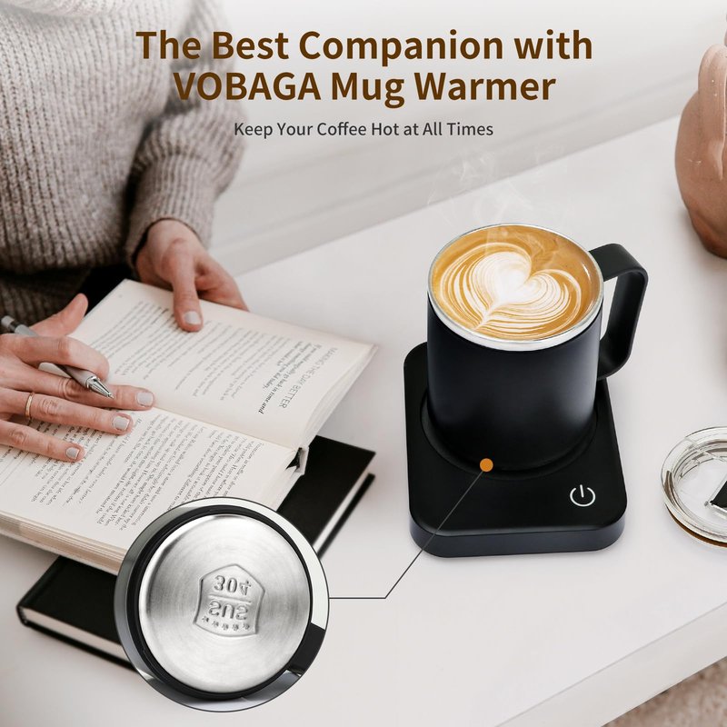 VOBAGA 15oz Stainless Steel Coffee Mug with Flat bottom and Handle, Work with Coffee Warmer for Rapid Heating Coffee, Tea and Milk Office Desk Accessories Black