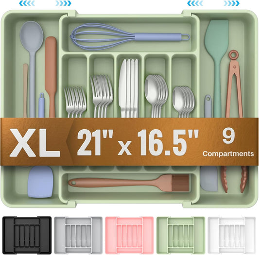 Ukeetap Extra Large Expandable Silverware Organizer - BPA-Free Cutlery Holder | Adjustable Green Design