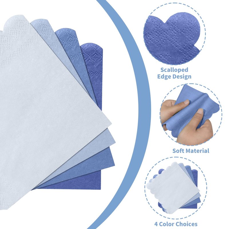 Xiangqu 120 Pack Dusty Blue Napkins, 5 x 5 Inch Boy Baby Shower Napkins Gradient Blue Cocktail Napkins Scalloped Napkins Beverage Napkins for Dinner Wedding Baby Shower Bridal Anniversary Reception