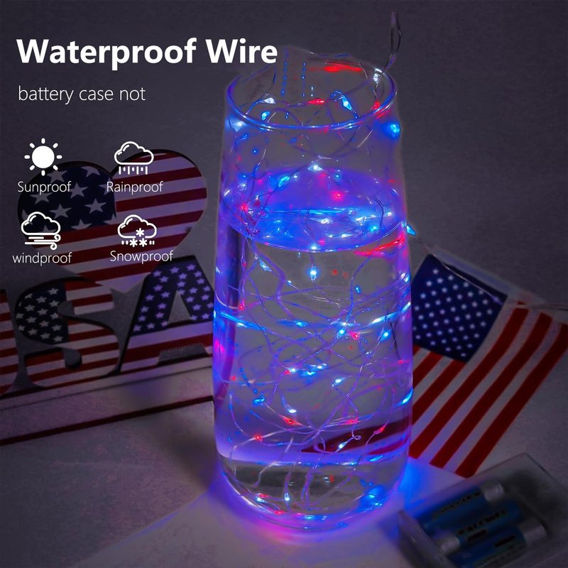 4th of July Decorations, 4 Pack Red White and Blue Fairy Lights Battery Operated with Timer, Waterproof 16FT 50 LED Starry String Lights for Independence Day 250th Anniversary Memorial Day Home Decor