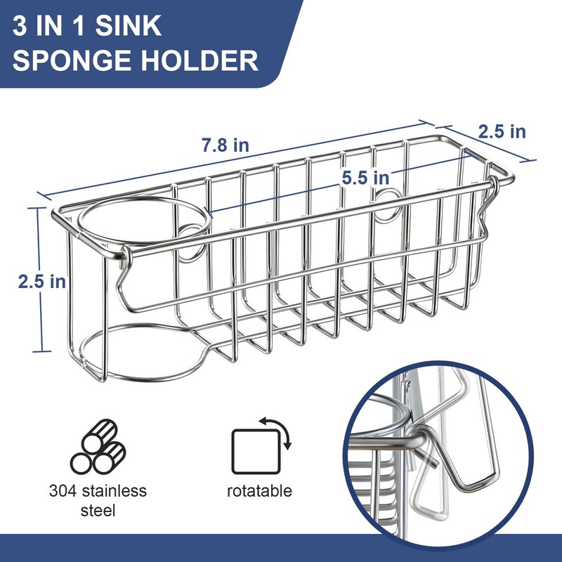3-In-1 Sponge Holder for Kitchen Sink with Suction Cups & Adhesive Hook , In-sink Sponge Holder, Wall Hanging Sink Caddy Organizer Rack - Sponge, Dish Cloth, Brush, Scrubber - 304 Stainless Steel