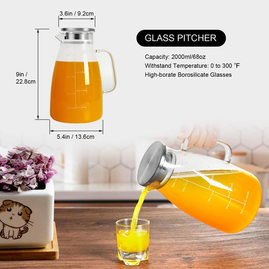 Aofmee Glass Pitcher with Lid, 68oz Water Pitcher with Handle and Precise Scale Line, Stainless Steel Iced Tea Carafe, Heat Resistant Borosilicate Jug for Juice, Milk, Cold or Hot Beverages