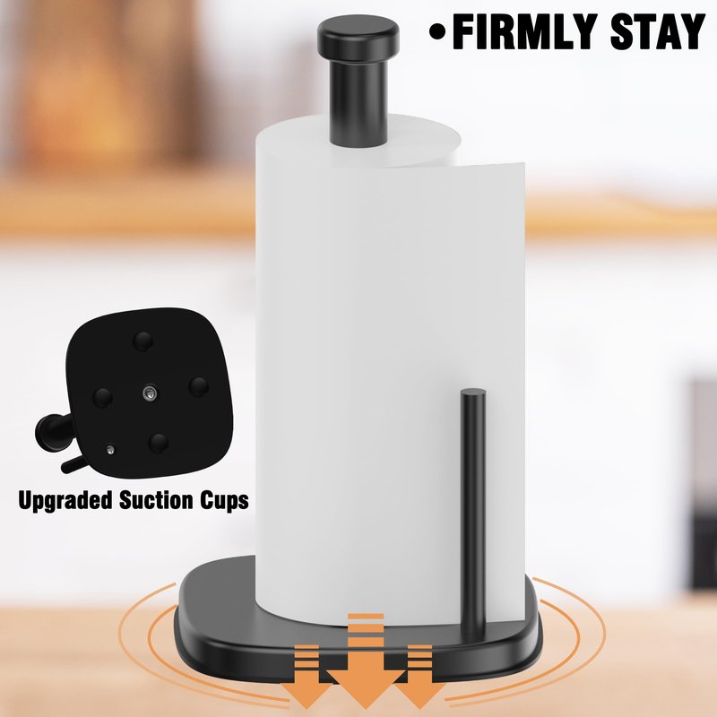 MIROAMZ Paper Towel Holder Countertop, Stainless Steel Paper Roll Holder with Weighted Base Suction Cups, One-Handed Operation Standing Paper Towel Holder for Kitchen Bathroom (Matte Black)