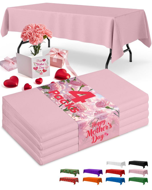 Niuara Pink Plastic Table Cloth - 4 Pack 54" × 108" Rectangle Disposable Tablecloths for 6FT Tables, Table Cover for Party, Valentines, Mother’s Day, Holiday & Gathering Use