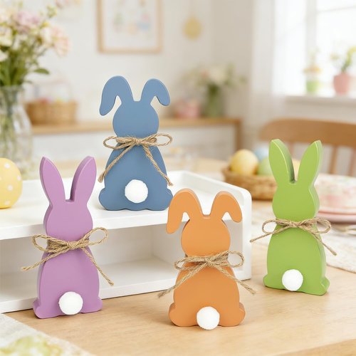 Easter Decorations - Wooden Bunny Peeps Signs 4PCS, Spring Decor with Hemp Rope for Home Table Tiered Tray, Easter Freestanding Centerpiece for Indoor Mantel Shelf Office Party Gifts Basket Stuffers