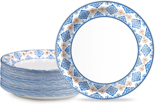 Skiennix 10-Inch Blue Floral Paper Plates - 50 Pack Heavy-Duty Disposable Tableware for Parties & Events