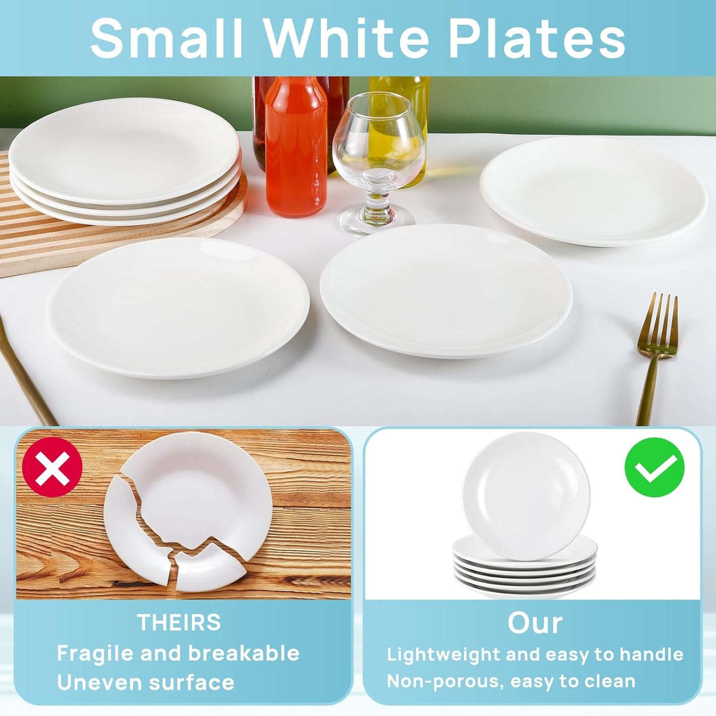 Skiennix 6-Piece Ceramic Dessert Plates Set - 7-Inch White Porcelain Salad & Appetizer Dishes | Microwave & Dishwasher Safe