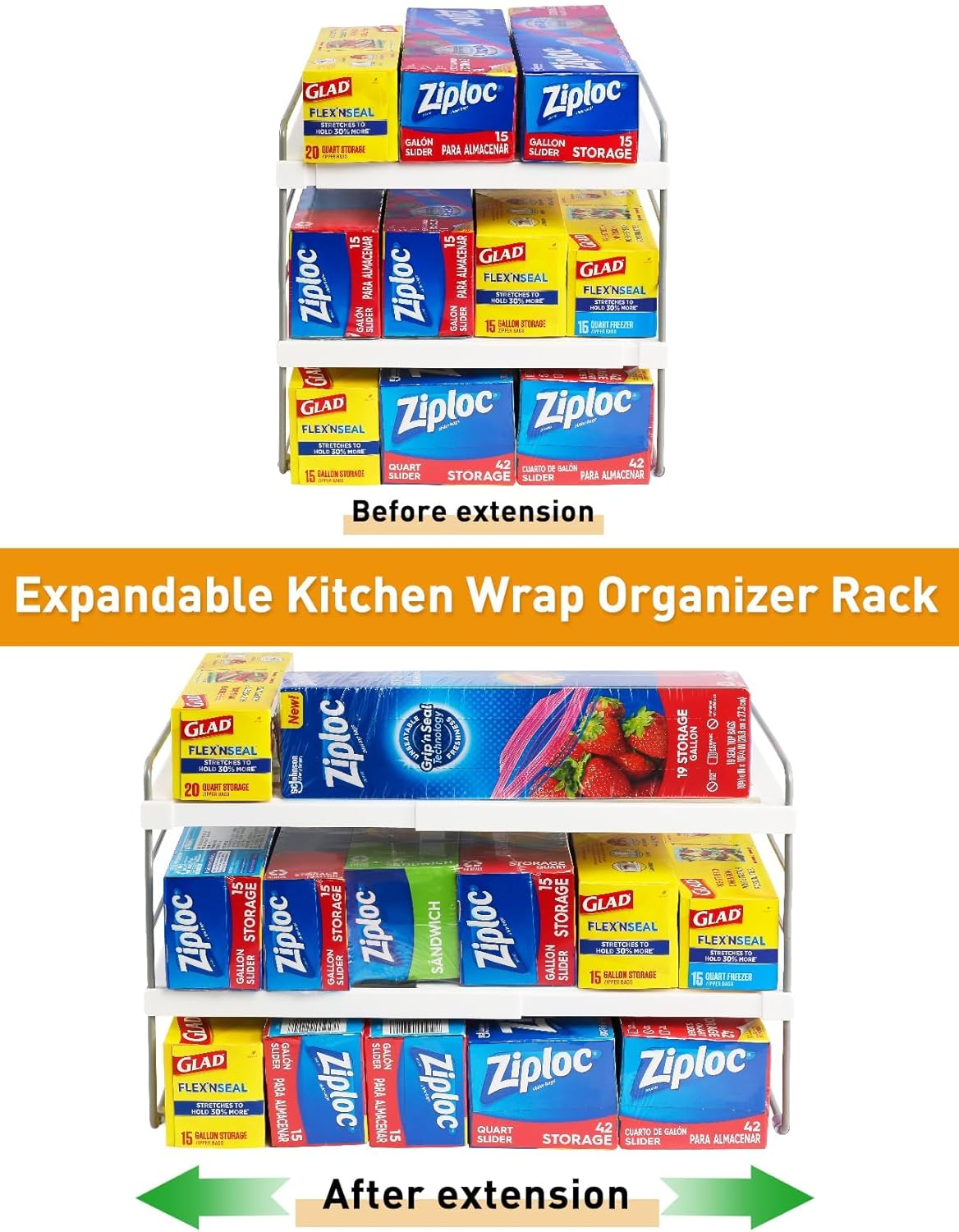 JUPELI Foil and Plastic Wrap Organizer - Expandable Kitchen Storage Rack | Height Adjustable 3-Tier Design (9.8" to 15.6"L)