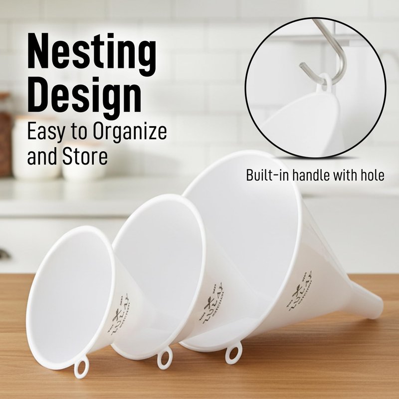 Zulay Kitchen 3-Piece Plastic Funnel Set - Large, Medium, and Small Kitchen Funnels Pouring Spout - for Filling Bottles Water Liquid, Protein Powder, Food Grade Cooking, Drink, Paint, Lotion, Kids