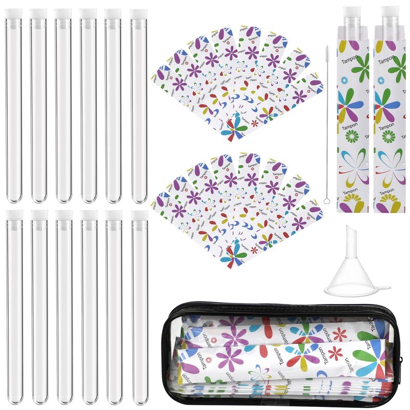 39 Pcs Secret Tampon Flask Set for Women Includes 12 Reusable Plastic Flasks for Girls, 24 Self Adhesive Wrappers, 1 funnel,1 Clear Box, Flask for Cruise Event, Concert, Outdoor Sports (white)