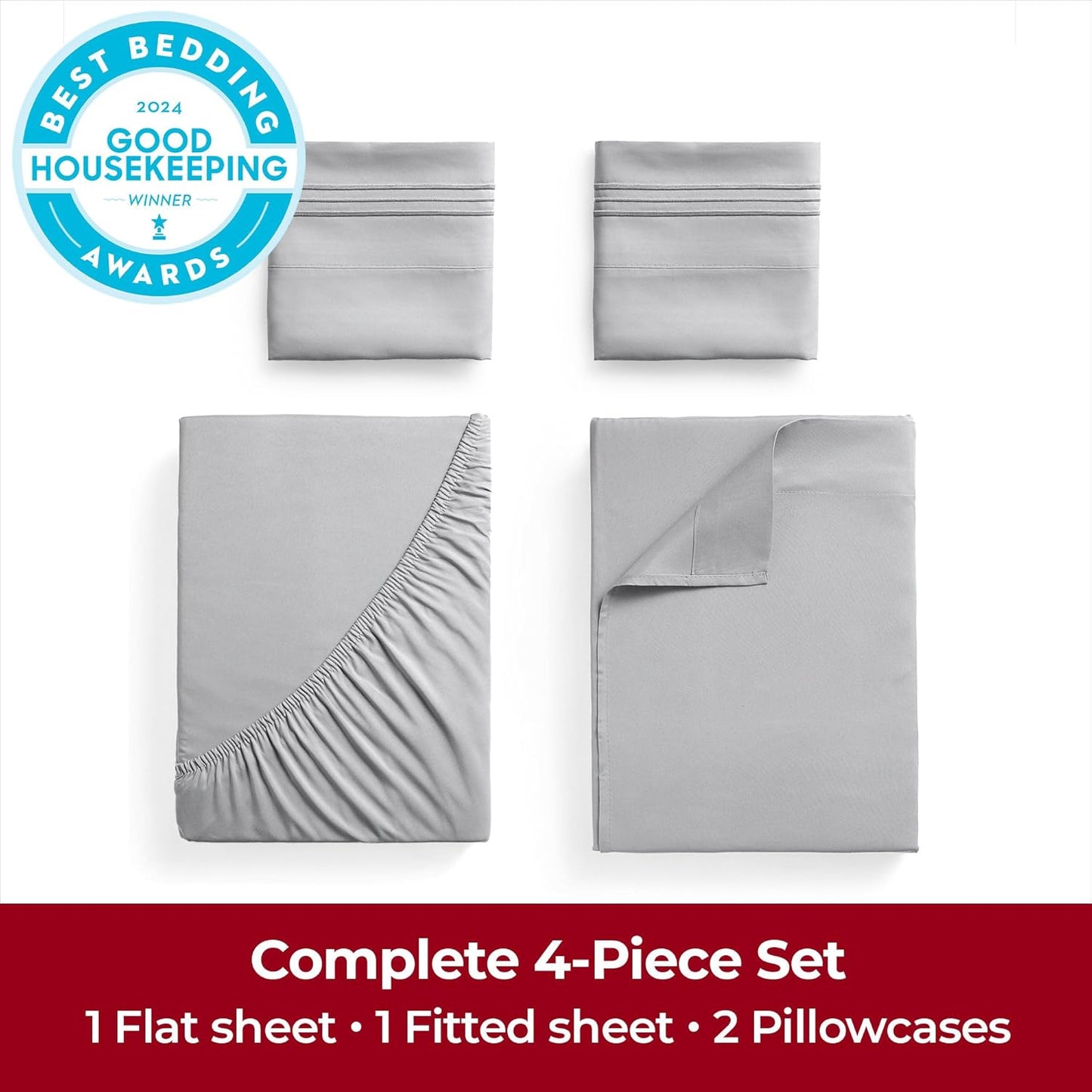 Mellanni California King Sheets - 4 PC Ultra Soft, Cooling Bedding Set - Hotel Luxury, Wrinkle & Fade Resistant (Light Gray)