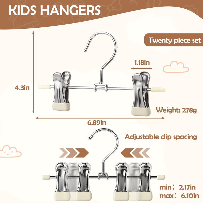Mity rain20-Pack Baby Hangers - 360° Rotatable Silicone Clip Kid Hangers, Space-Saving Toddler Hanger,Premium Stainless Steel, Ideal for Newborn & Children Wardrobe Organization.