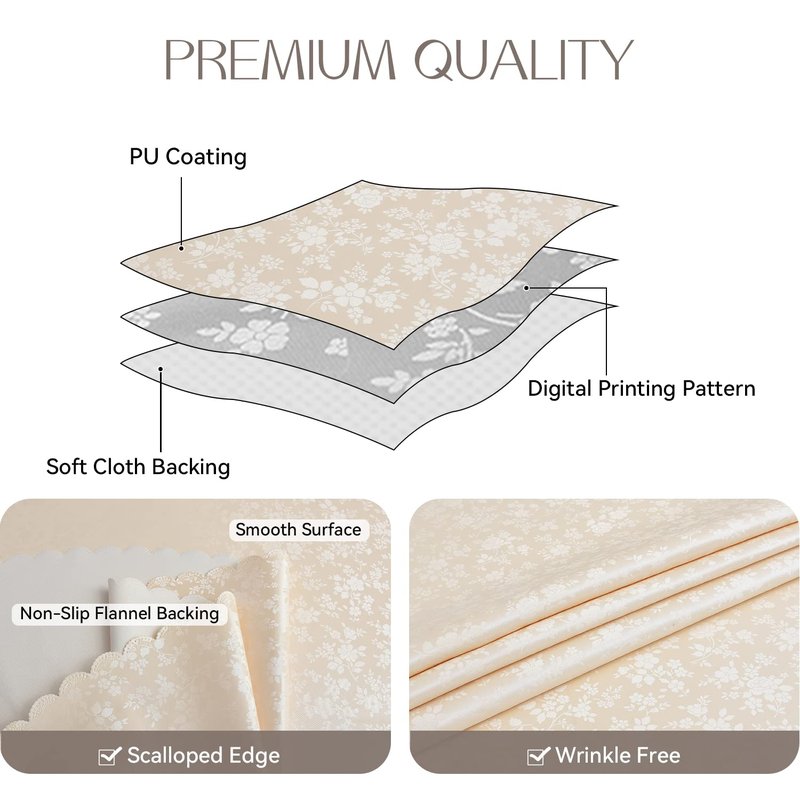 Romanstile Vinyl Tablecloth Rectangle, 100% Waterproof Outdoor Heavy Duty Thick Table Cloth with Flannel Backing, Wipeable Plastic PU Table Cover for Picnic Dining Party (Rose Beige, 60 x 84)