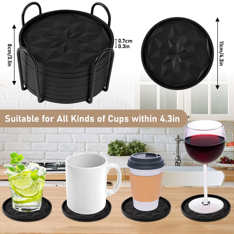 OIAHOMY 8 Pcs Coasters with Holder for Beer, Coffee, Silicone Coaster Set for Table Decor for Kitchen, Bar, Dining Room, Living Room, Housewarming Gifts - Black