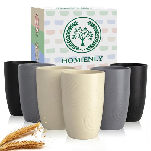 Homienly Wheat Straw Cups Drinking Glasses Set of 6, Unbreakable Plastic Cups Reusable Cups for Kitchen Camping Picnic Dorm Microwave and Dishwasher Safe Water Glasses Drinking Set 12 OZ - GreyStone