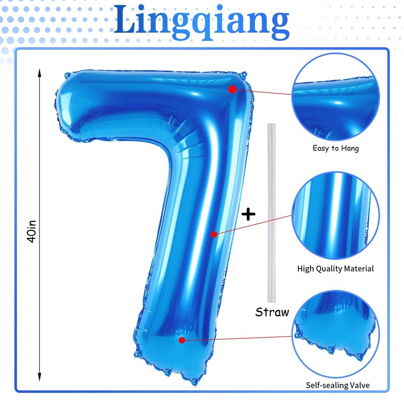 40" Blue Number 7 Balloon for Boys, Large Self Inflating Foil Number Balloons Set 0-9, Digital Helium 7 Balloons for Men 17th 70th Birthday Anniversary Graduation New Year Party Decorations Supplies