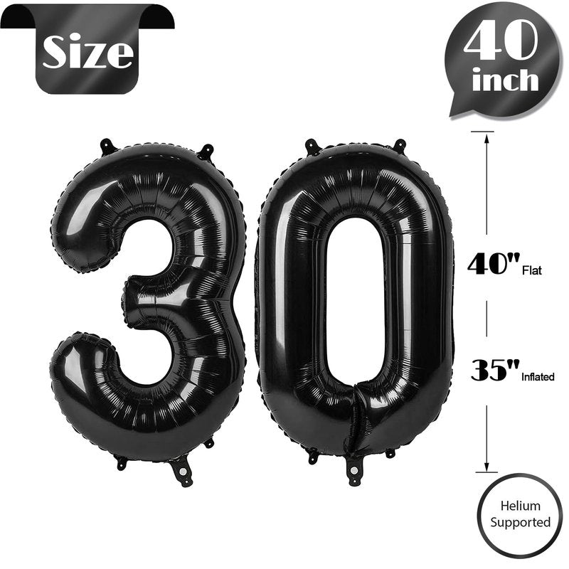Black Number 30 Balloon 40 Inch, 30th Birthday Party Decorations for Children, Giant 30 Foil Balloon for Party Supplies