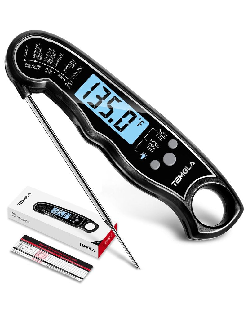 TEMOLA Meat Thermometer, Instant Read Food Thermometer with LCD Backlight Calibration, Waterproof Ultra Fast Digital Cooking Thermometer for Candy Deep Fry Liquids Beef Kitchen Baking Smoker Grill BBQ