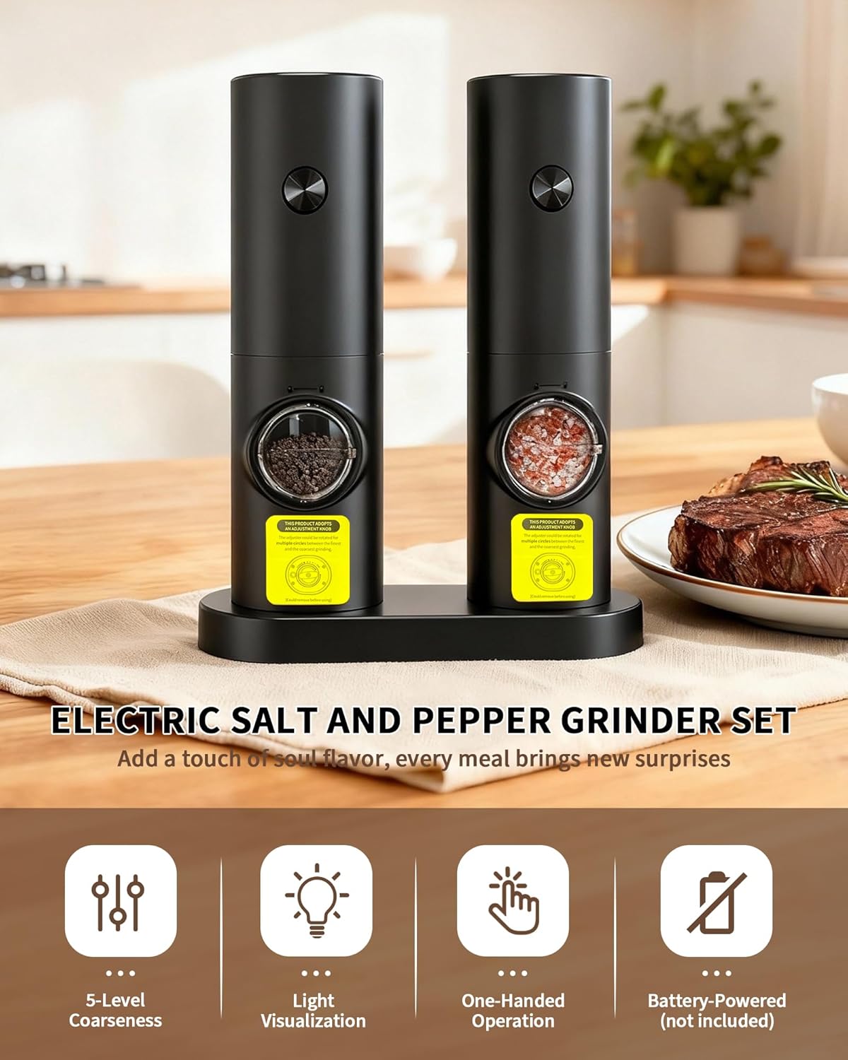 Skiennix Electric Salt and Pepper Grinder Set - Upgraded Automatic Mills with Adjustable Coarseness & LED | 2-Pack for Home Cooking & Gifts