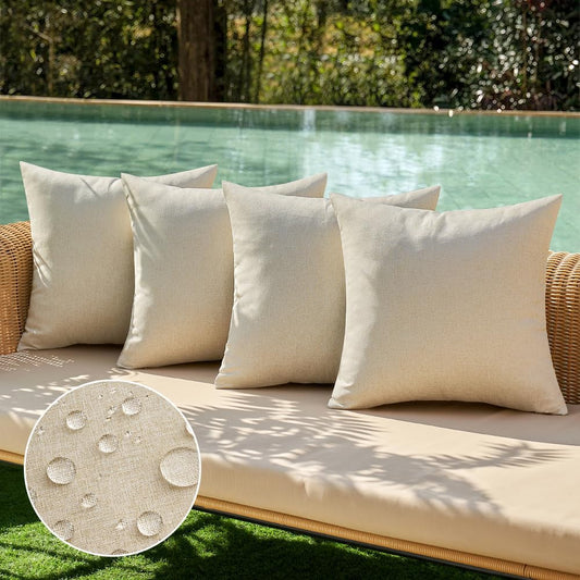 MIULEE Decorative Outdoor Throw Pillow Covers - Waterproof Linen Cushion Cases | 18x18 Inch Beige (Pack of 4)