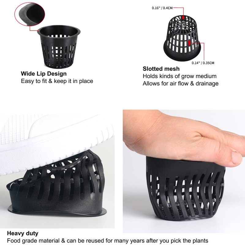 ORIMERC 2 inch Net Cups Pots 30 Pack with 30 feet Self Watering Wick & 30 Plant Labels for Hydroponics Aquaponics Planter Indoor Outdoor Growing Baskets Slotted Mesh UV Resistant & BPA Free