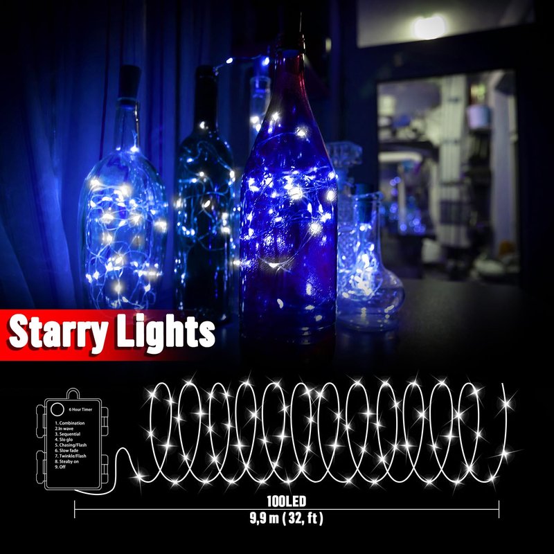 LAMPHOME 100 LED 33FT Blue and White Fairy Lights Battery Operated with Remote, Mini Starry String Lights Multi Functions & Timer,Twinkle for Christmas Home Bedroom Wedding DIY Centerpiece Decor