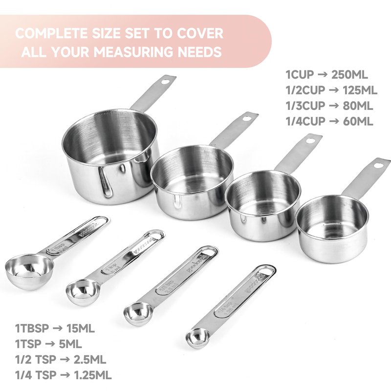 Strelitsia Measuring Cups and Spoons Set,Stainless Steel 8 Piece Nesting Measuring Tools for Dry & Liquid Ingredients, Kitchen Gadgets for Cooking and Baking, Includes 4 Cups and 4 Spoons