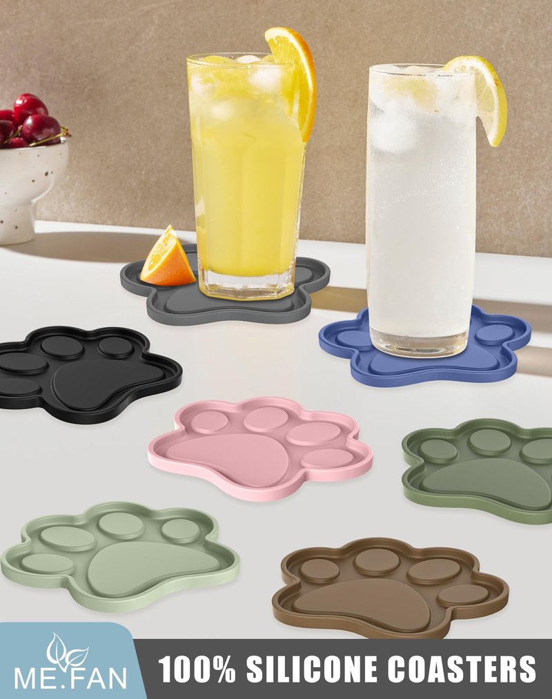 ME.FAN Silicone Coasters 6 Pack Paw Cup Mat with Holder, Dog Cat Paw Shape, for Hot or Cold Drink, Non-Slip, Non-Stick, Room Decor, Housewarming Dusty Rose