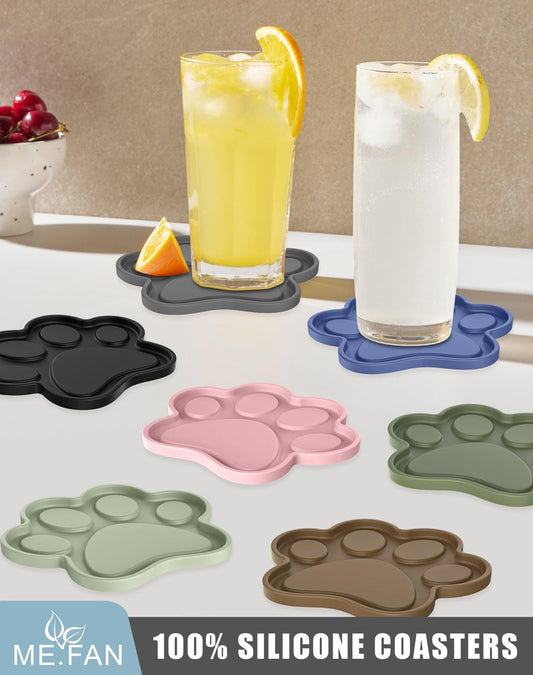 ME.FAN Silicone Coasters 6 Pack Paw Cup Mat with Holder, Dog Cat Paw Shape, for Hot or Cold Drink, Non-Slip, Non-Stick, Room Decor, Housewarming Dusty Rose