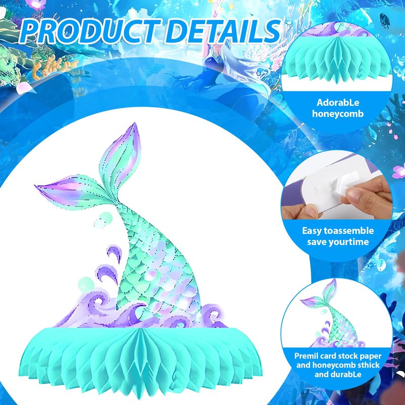 Oiuyamn 9 PCS Mermaid Theme Party Decorations, Ocean Mermaids Centerpieces for Tables Honeycomb Centerpiece, 3D Sea Party Supplies for Birthday Decor