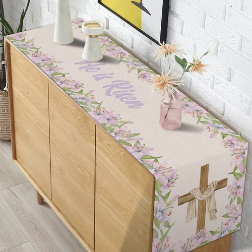 He is Risen Table Runner Easter Christian Cross Resurrection Lily Flower Spring Holiday Party Kitchen Dining Home Decor