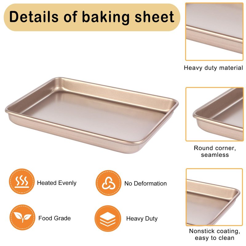 Barlket Small Cookie Sheet Pan 9x11 Inch, Nonstick Baking Tray 2-Pack, 0.8mm Thick Heavy Duty Carbon Steel, Gold – Oven Safe, Easy Clean, Bakeware Sets for Cookies, Roasting