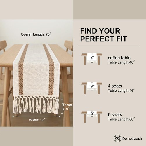 FEXIA Boho Table Runner for Hoilday Home Decor with Tassels 72 Inches Long Farmhouse Rustic Macrame Burlap Pottery barn Furniture Table Decoration for Living Room Kitchen (12x72 Inches)
