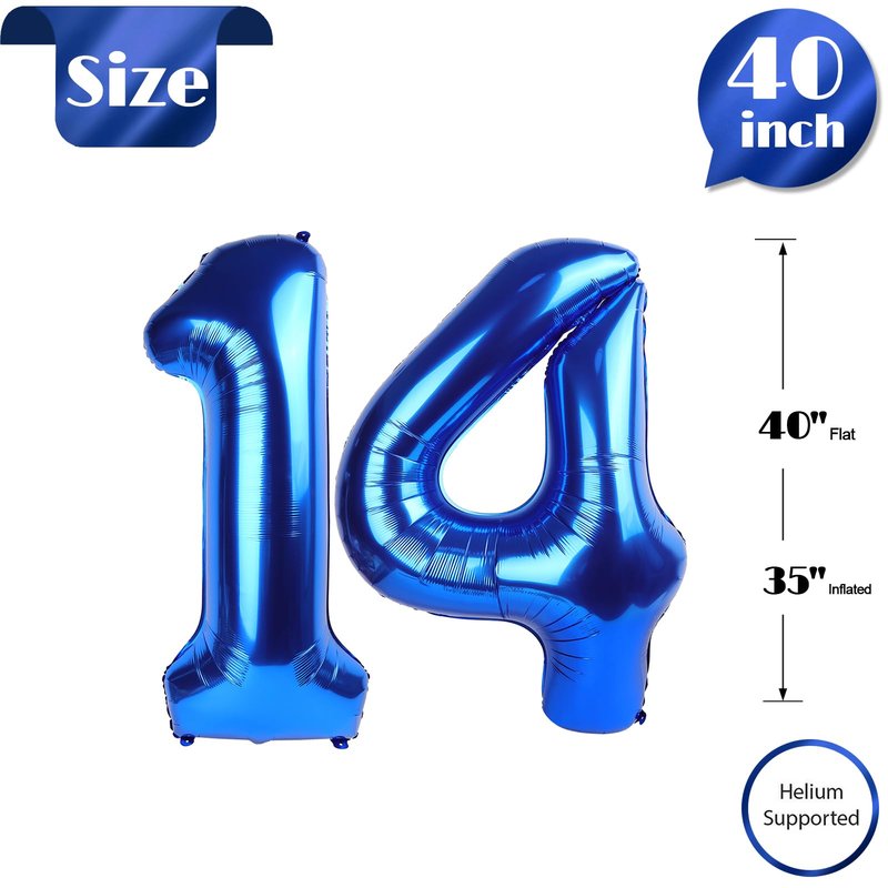 Navy Blue Number 14 Balloon 40 inch, 14 Number Balloons, 14th Navy Blue Birthday Decorations, 14 Year Old Girls Boys Blue Party Supplies