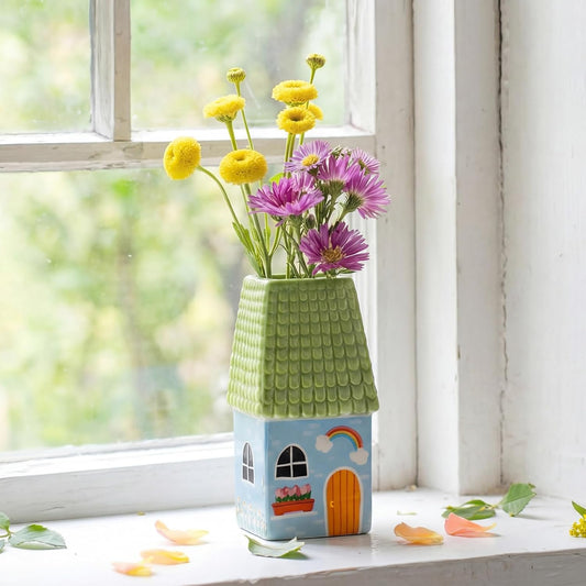 Remerry Ceramic House Shape Vase - Mini Handmade Decorative Flower Container | 2.4 x 3.8 Inch Green