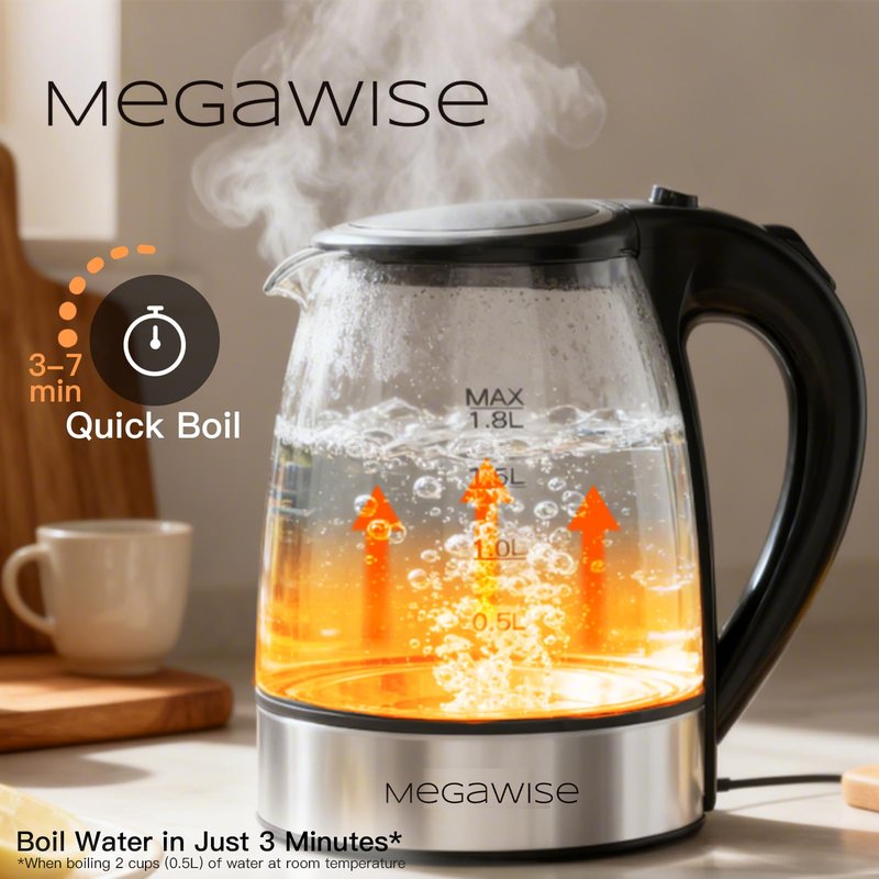 MEGAWISE 1.8L Healthy Electric Kettle, 1800W Borosilicate Glass Tea Kettle with Food Grade Material, Auto Shut-Off and Boil-Dry Protection Cordless Kettle Fast Boiling, BPA Free