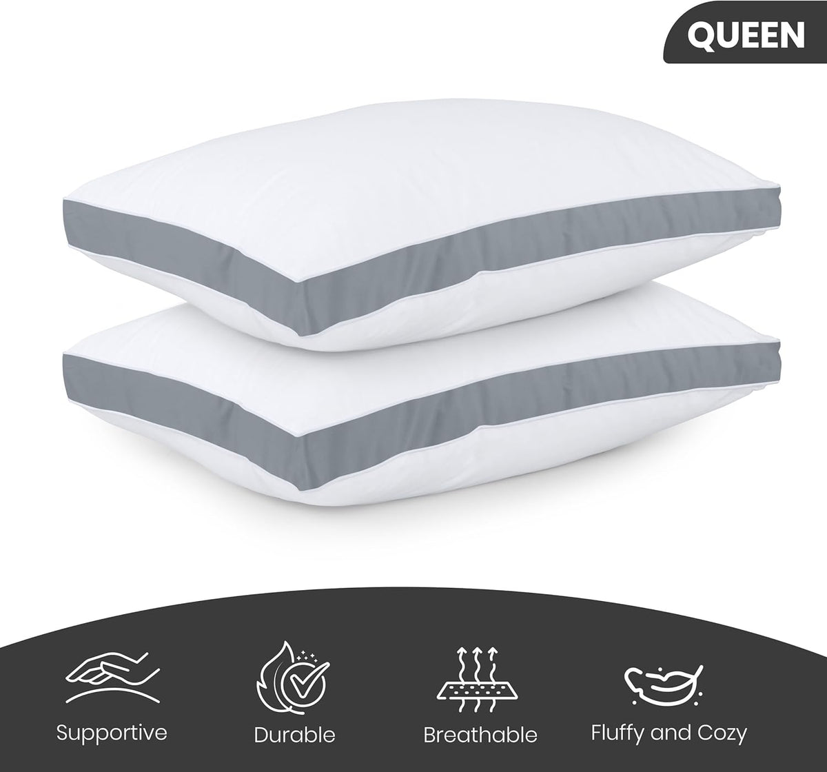 Utopia Bedding Queen Size Bed Pillows - Soft & Fluffy Down Alternative | Cooling Gusseted Set of 2 (Grey)