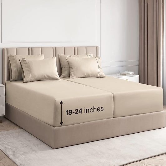 Skiennix Extra Deep Split King Sheet Set - 7 Piece Breathable Cooling Bedding - Soft, Wrinkle-Free Cream
