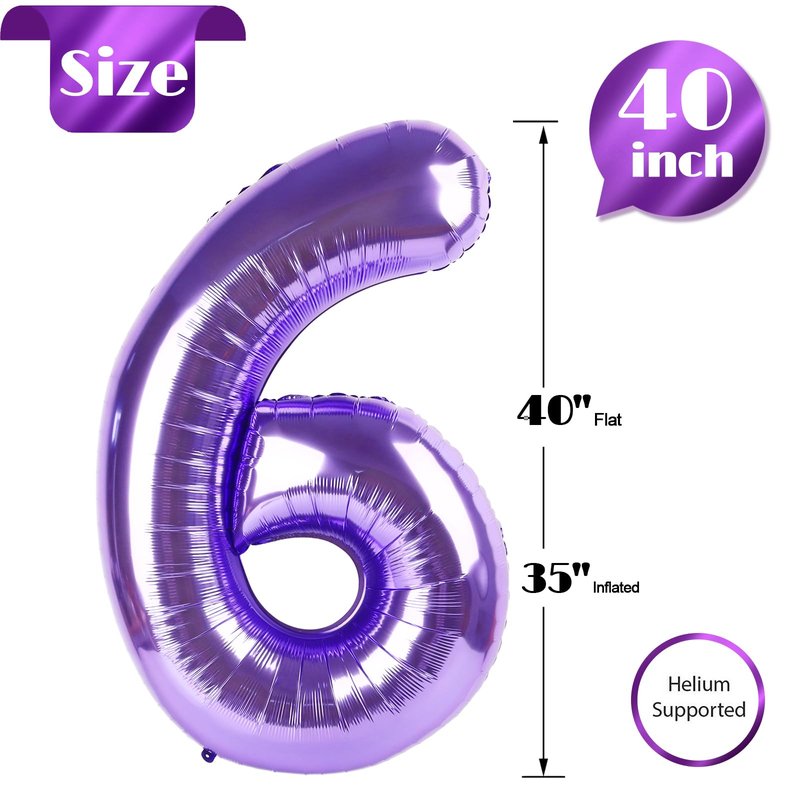 Purple Number 6 Balloon 40 Inch, 6th Birthday Party Decorations for Children, Giant 6 Foil Balloon for Party Supplies