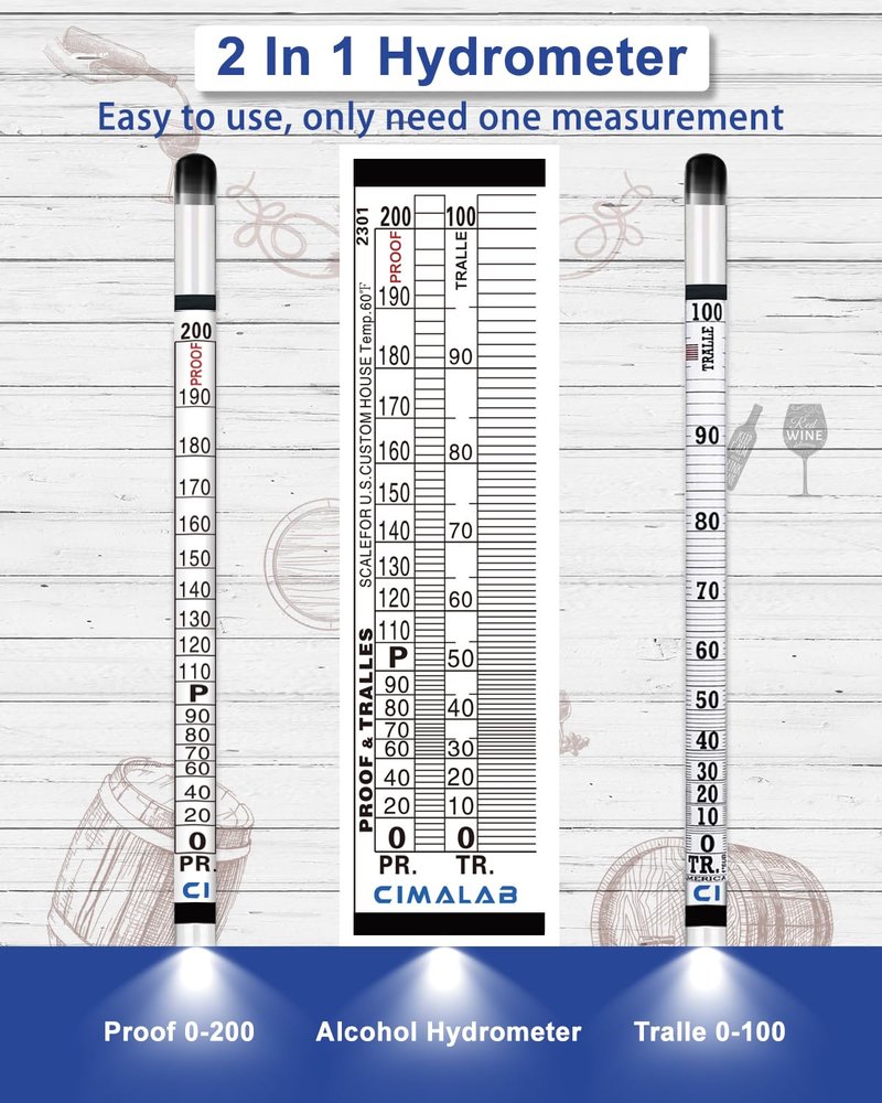 CIMALAB Hydrometer Alcohol Meter Kit, Hydrometer Alcohol 0-200 Proof & Tralle with Hydrometer Test Jar, Alcohol Proof Tester Hydrometer, Alcohol Tester for Liquor/Moonshine/Spirits/Proofing/Distilled