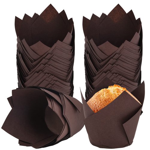 DC QZHMKJ PET 200Pcs Tulip Cupcake Liners Muffin Baking Holders Premium Cups Wrappers Christmas Lliners for Weddings, Birthdays, Anniversaries, and Special Occasions（Brown）