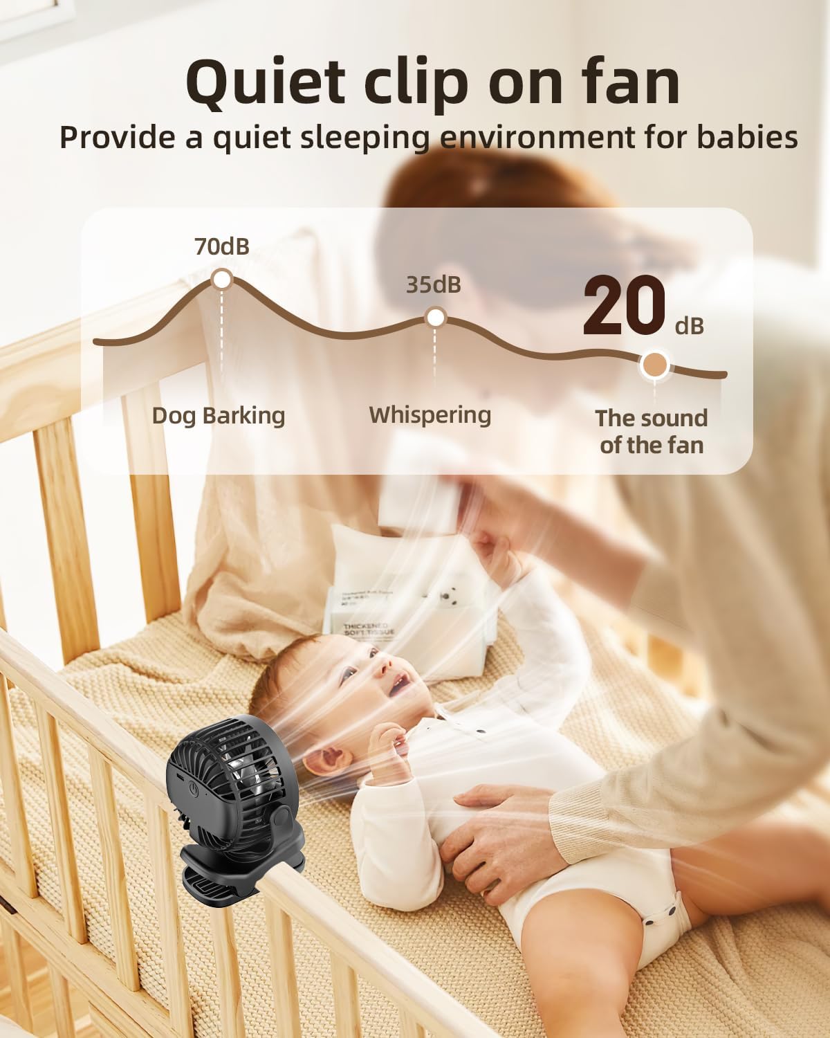TUNISE Mini Clip-On Fan - Battery Operated, 3-Speed Adjustable, 360° Rotation - Portable Black Fan for Home & Office