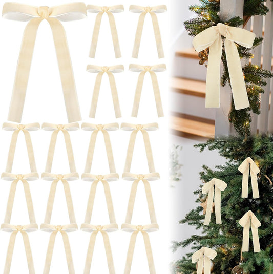 Beige Velvet Bows - 24 Pcs Christmas Tree Ornaments & Valentine's Day Decor | 5 x 7 Inch, 1 Inch Width
