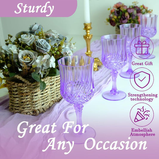 LEYIQU Plastic Wine Glasses, Plastic Goblets Vintage Style Cordial Unbreakable Drinking Glasses, Reusable Drinkware for Wedding Reception, Grand Event Party Supplies (12, Purple)