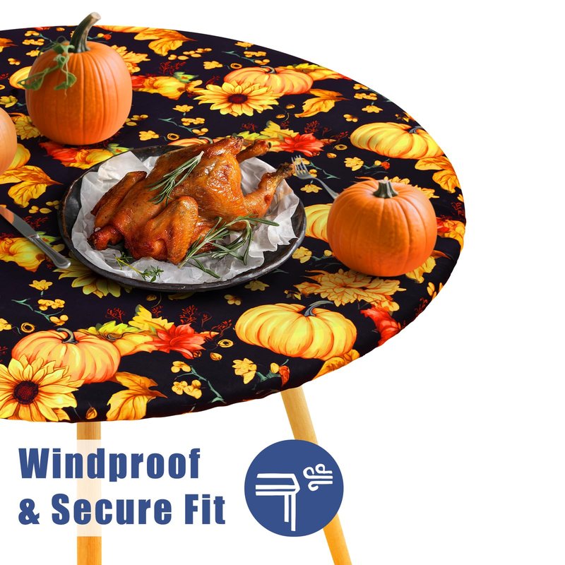 Moosfor Round Spandex Thanksgiving Tablecloth, Elastic Fitted Waterproof Tablecloths for 57"-68" Tables, Stretch Washable Picnic Table Cover for Autumn Harvest Parties, Pumpkin Sunflower