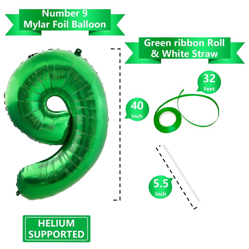 Number Balloons Green Party Balloon - Giant Number 9 Balloon, 40 Inch Large Balloon for St. Patrick's Day Games Theme Birthday Decoration, Girls Boys Party Supplies